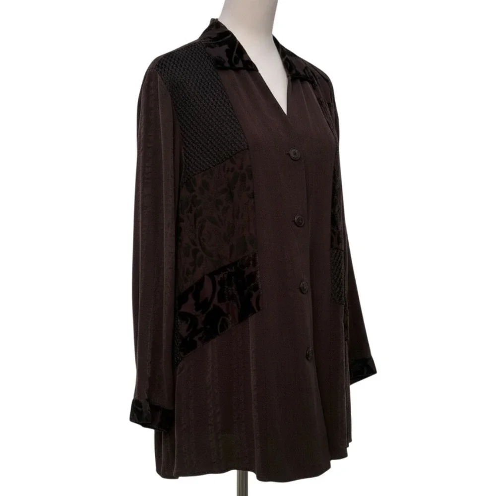 VTG 90s Neil David Patchwork Shirt M Brown Velvet Burnout Silk Blend Artsy Tunic - Picture 1 of 11